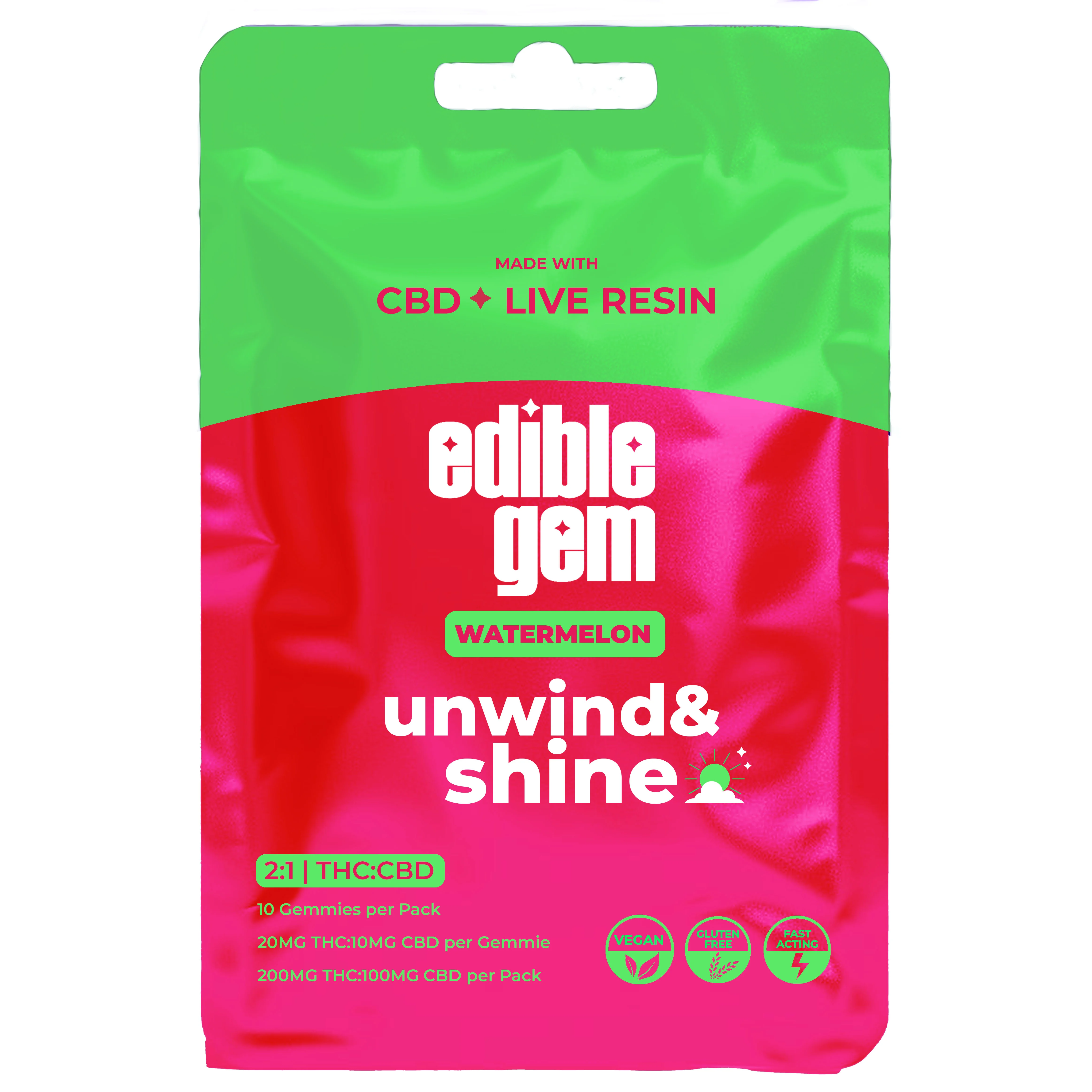 Edible Gem - Watermelon 2:1 THC:CBD Live Resin Gummies 200mg